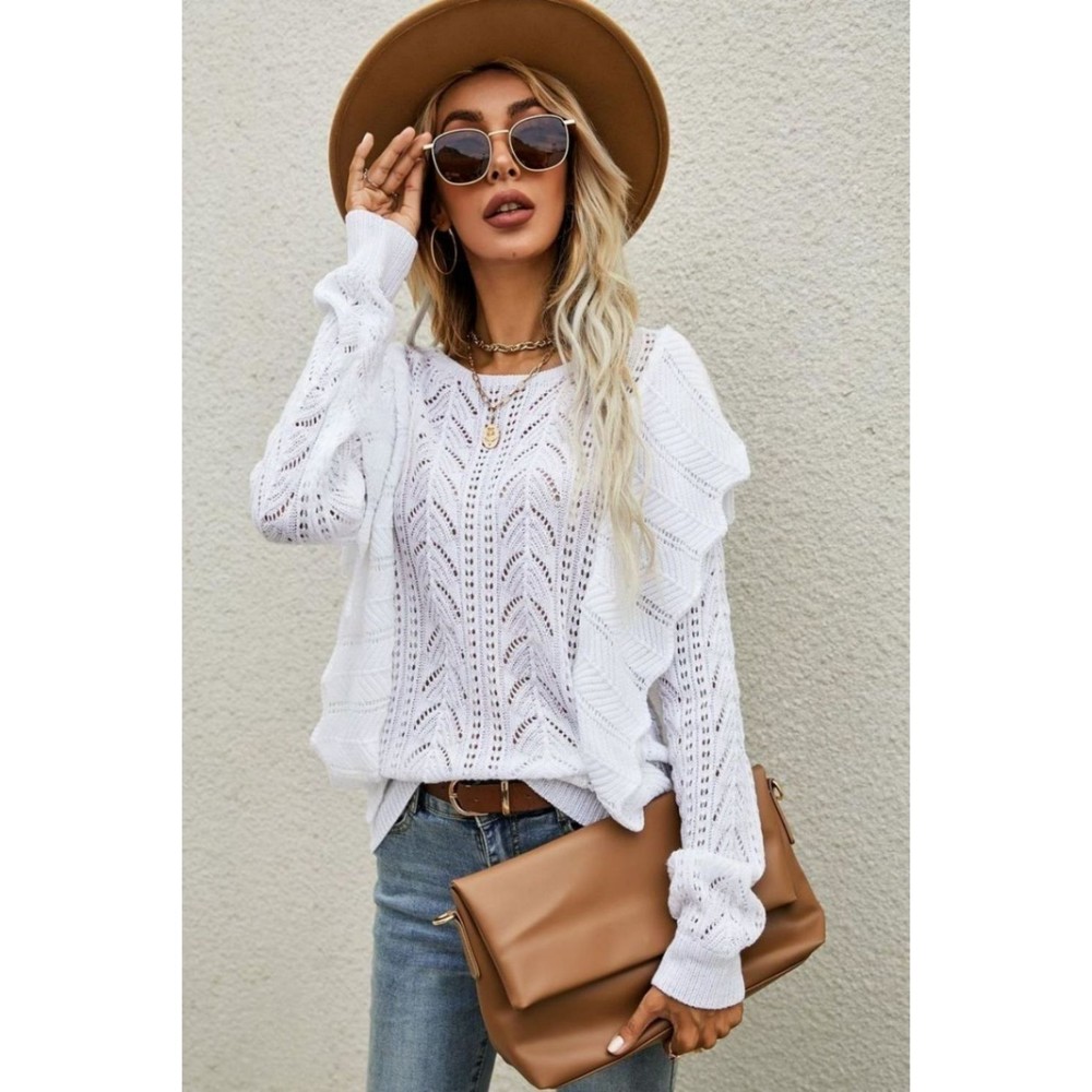 Openwork Round Neck Ruffled Sweater